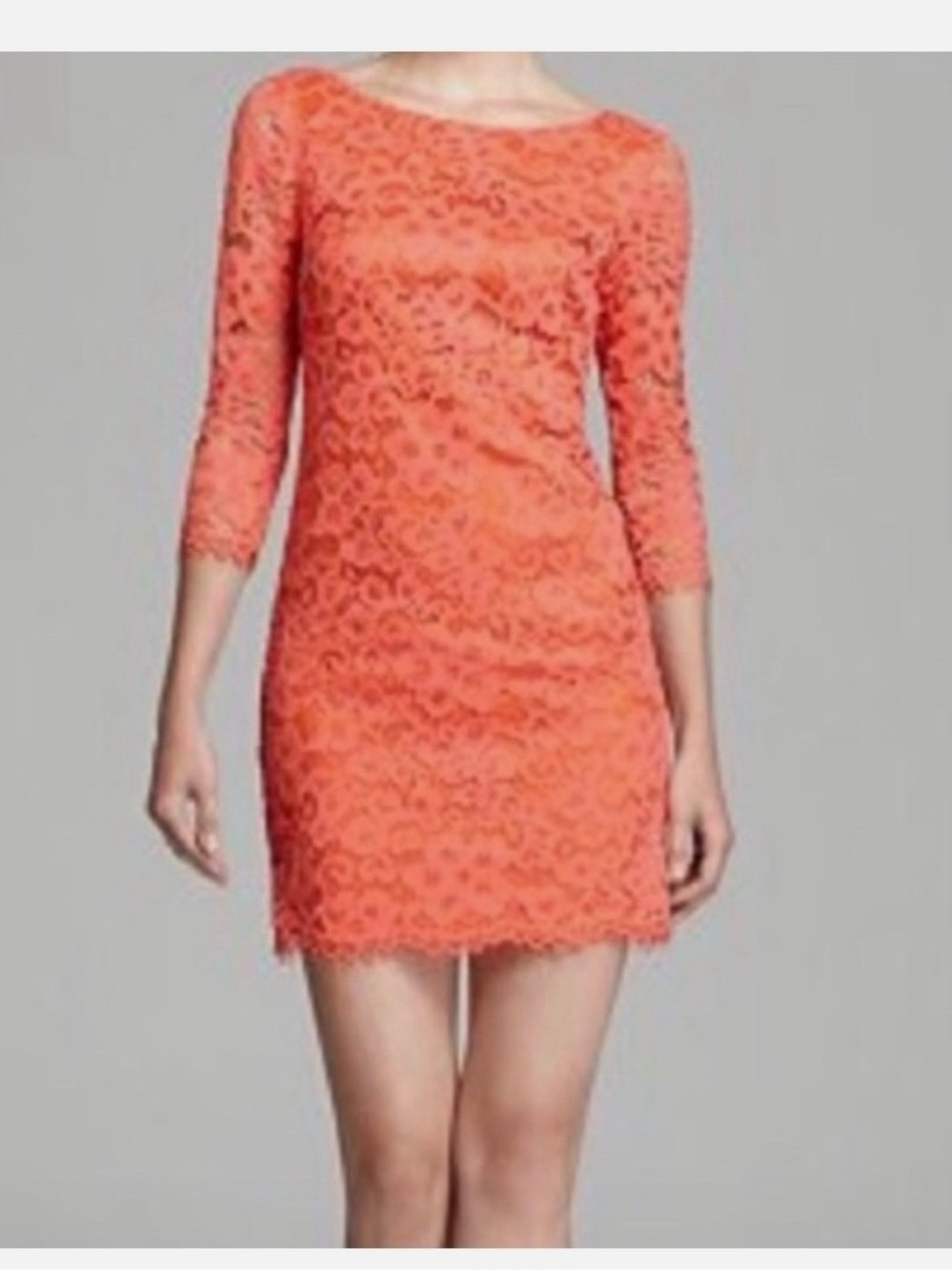 Trina Turk Coral Orange Floral Lace Sheath Dress 3/4 Sleeve Size 6